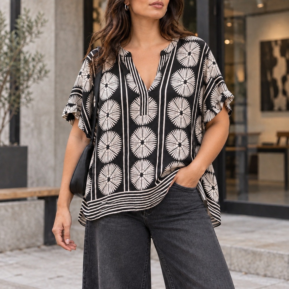 Gibson Latimer Womens Black White Geometric Floral Split V-Neck Blouse XL Top